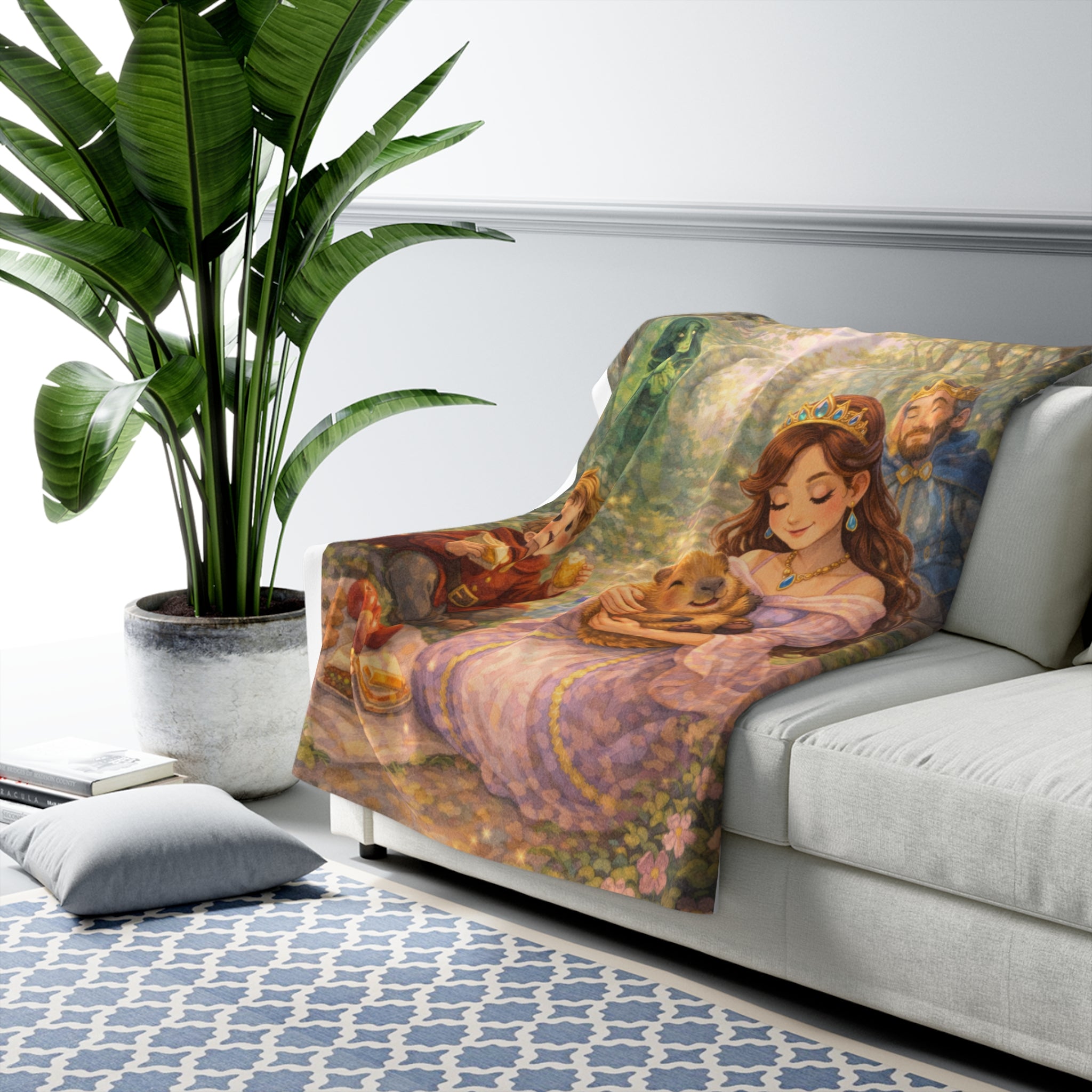 Princess Kate and the Missing Capybara Sherpa Blanket — Cozy Medieval Picnic Scene Throw