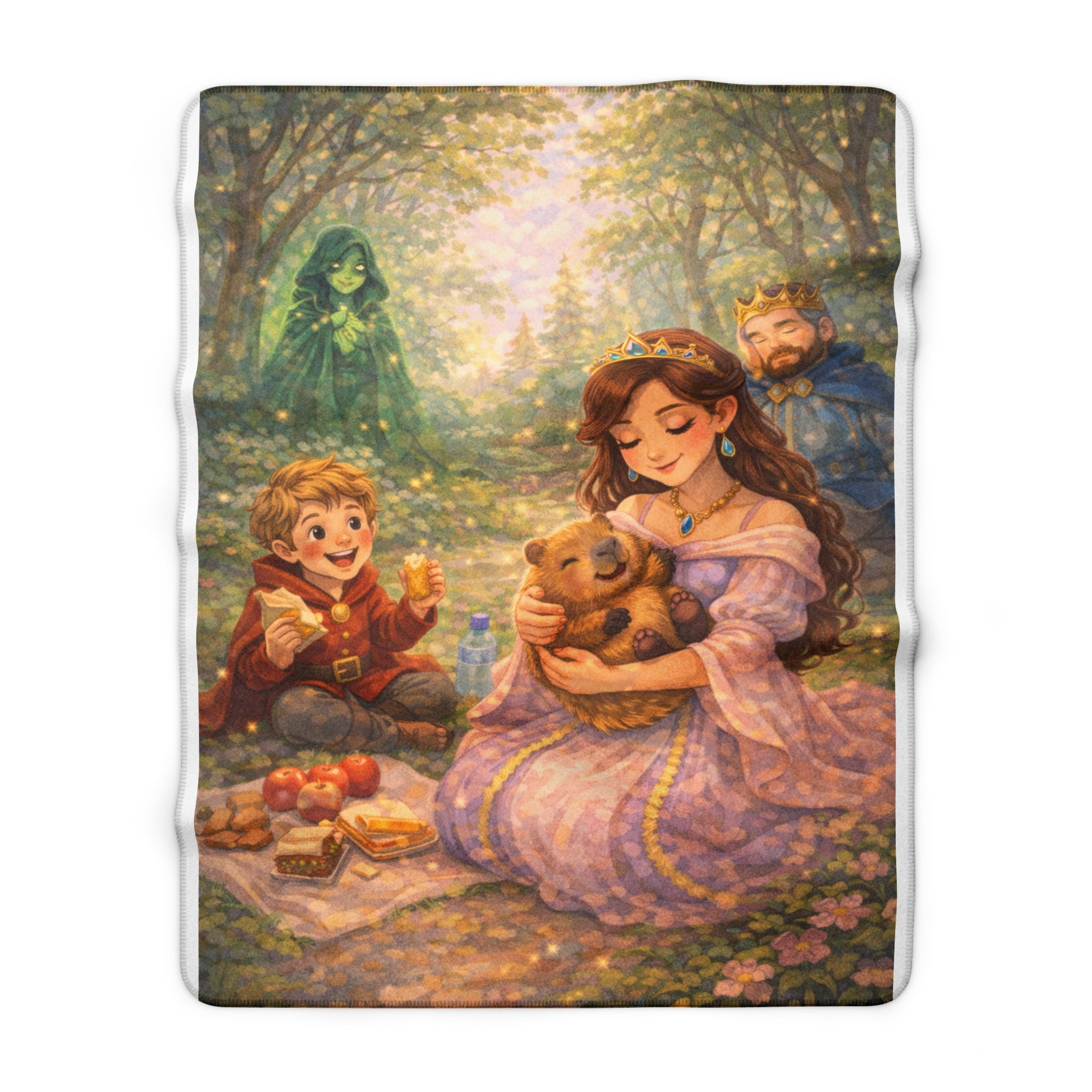Princess Kate and the Missing Capybara Sherpa Blanket — Cozy Medieval Picnic Scene Throw