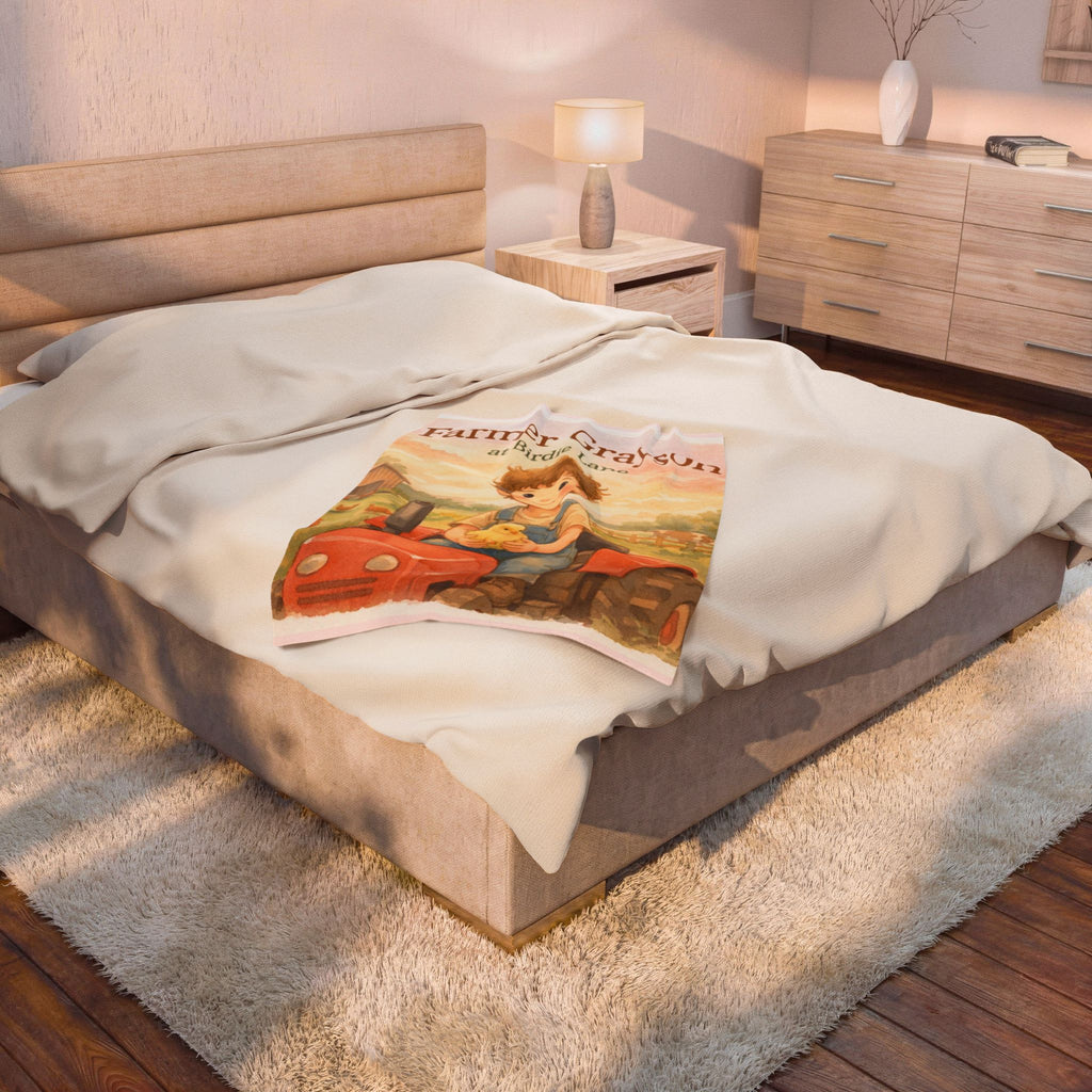 Farmer Gray at Birdie Lane Velveteen Plush Blanket — Cute Farmboy Tractor Nursery Throw