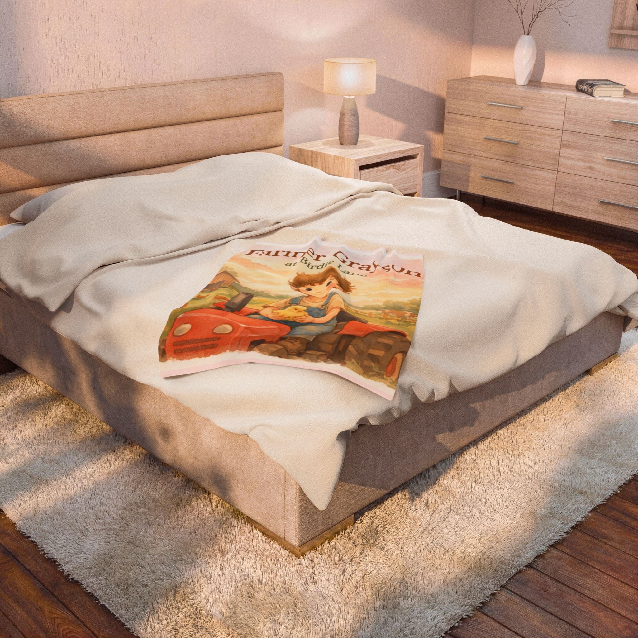 Farmer Gray at Birdie Lane Velveteen Plush Blanket — Cute Farmboy Tractor Nursery Throw