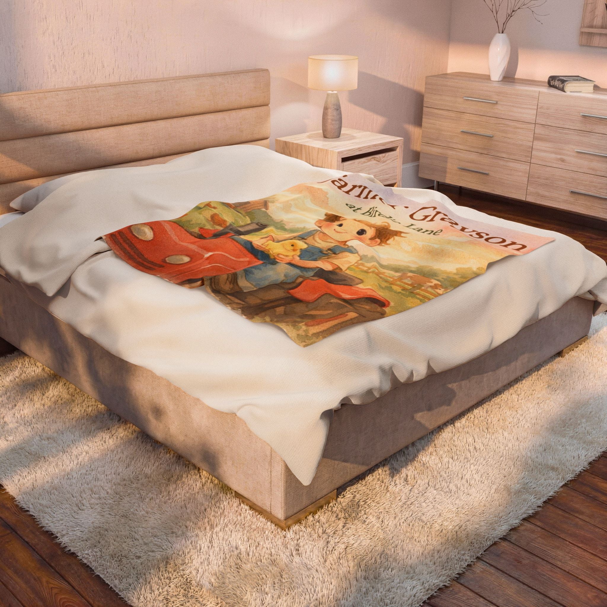 Farmer Gray at Birdie Lane Velveteen Plush Blanket — Cute Farmboy Tractor Nursery Throw