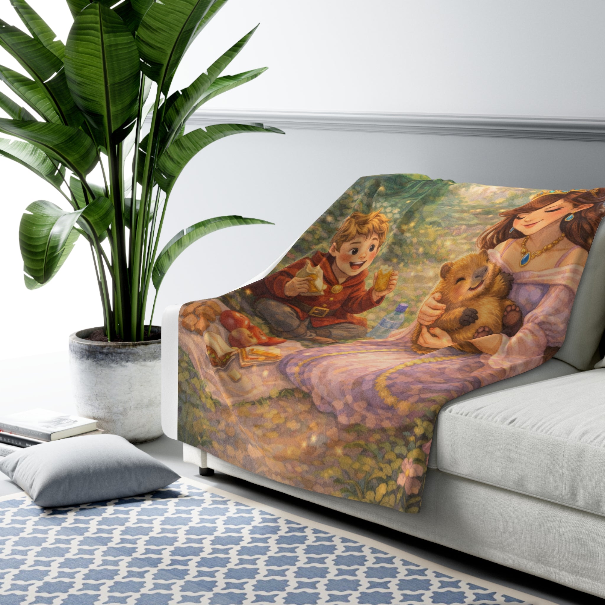 Princess Kate and the Missing Capybara Sherpa Blanket — Cozy Medieval Picnic Scene Throw