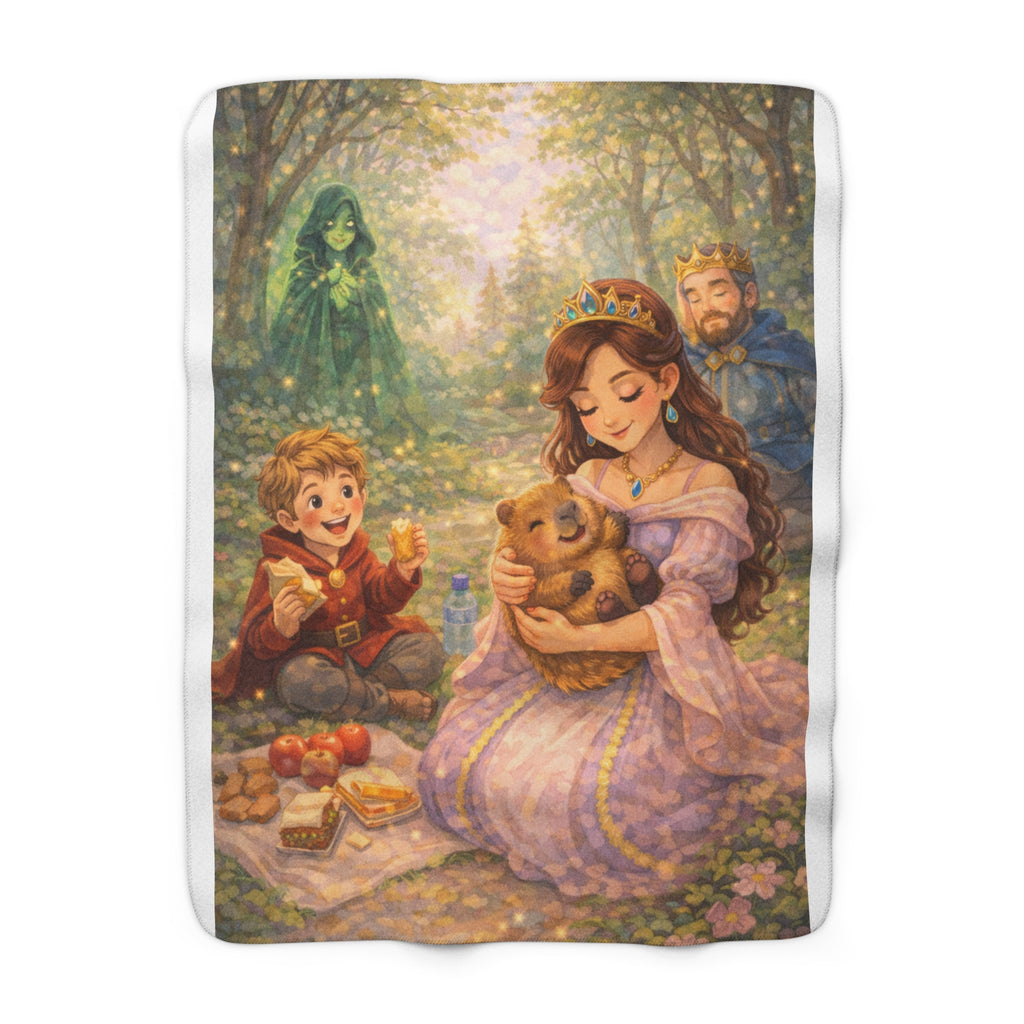Princess Kate and the Missing Capybara Sherpa Blanket — Cozy Medieval Picnic Scene Throw