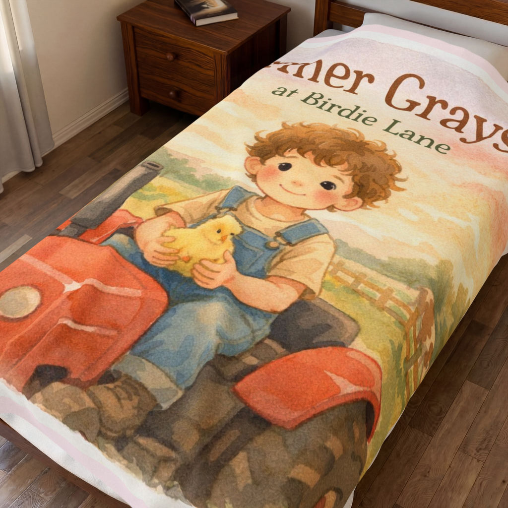 Farmer Gray at Birdie Lane Velveteen Plush Blanket — Cute Farmboy Tractor Nursery Throw