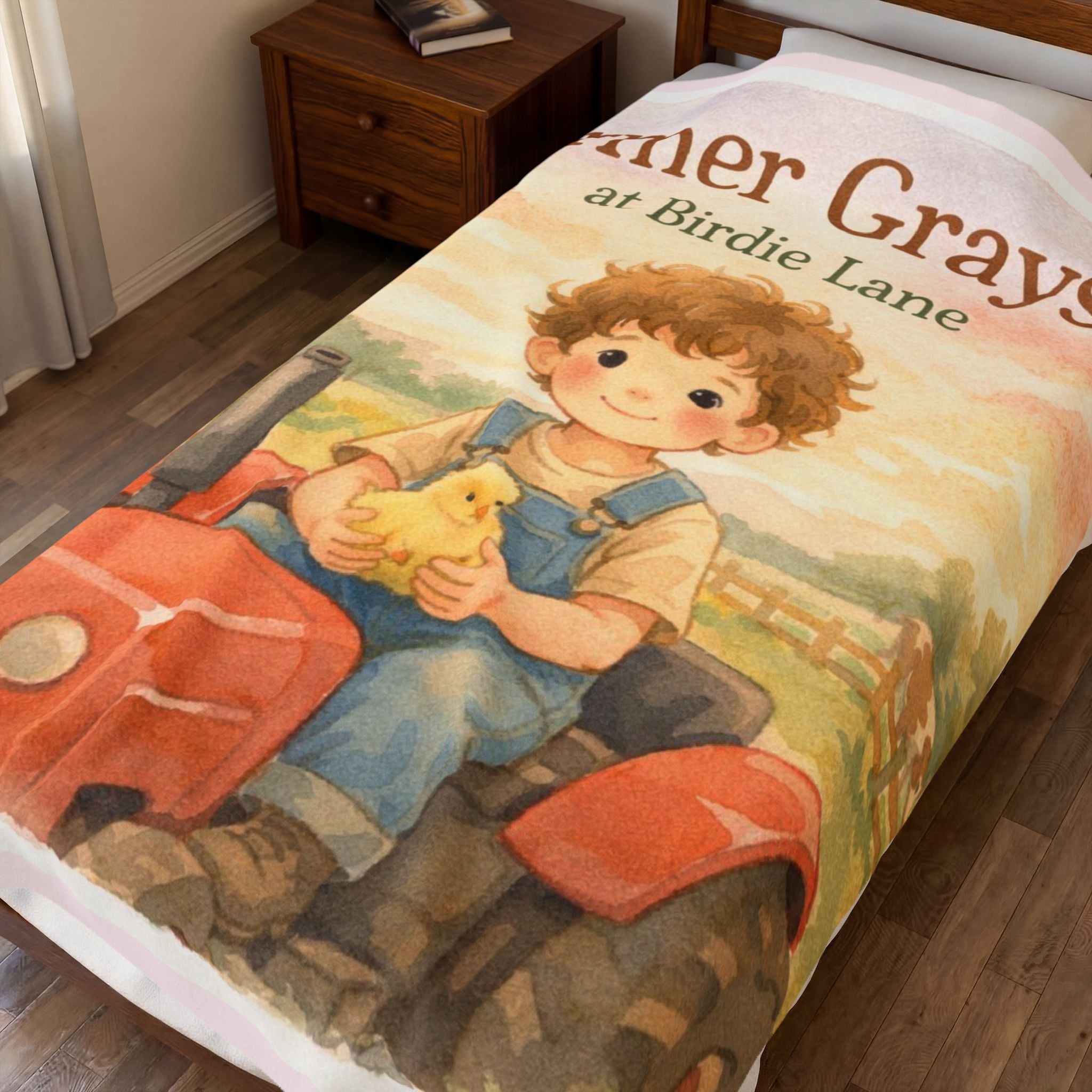 Farmer Gray at Birdie Lane Velveteen Plush Blanket — Cute Farmboy Tractor Nursery Throw