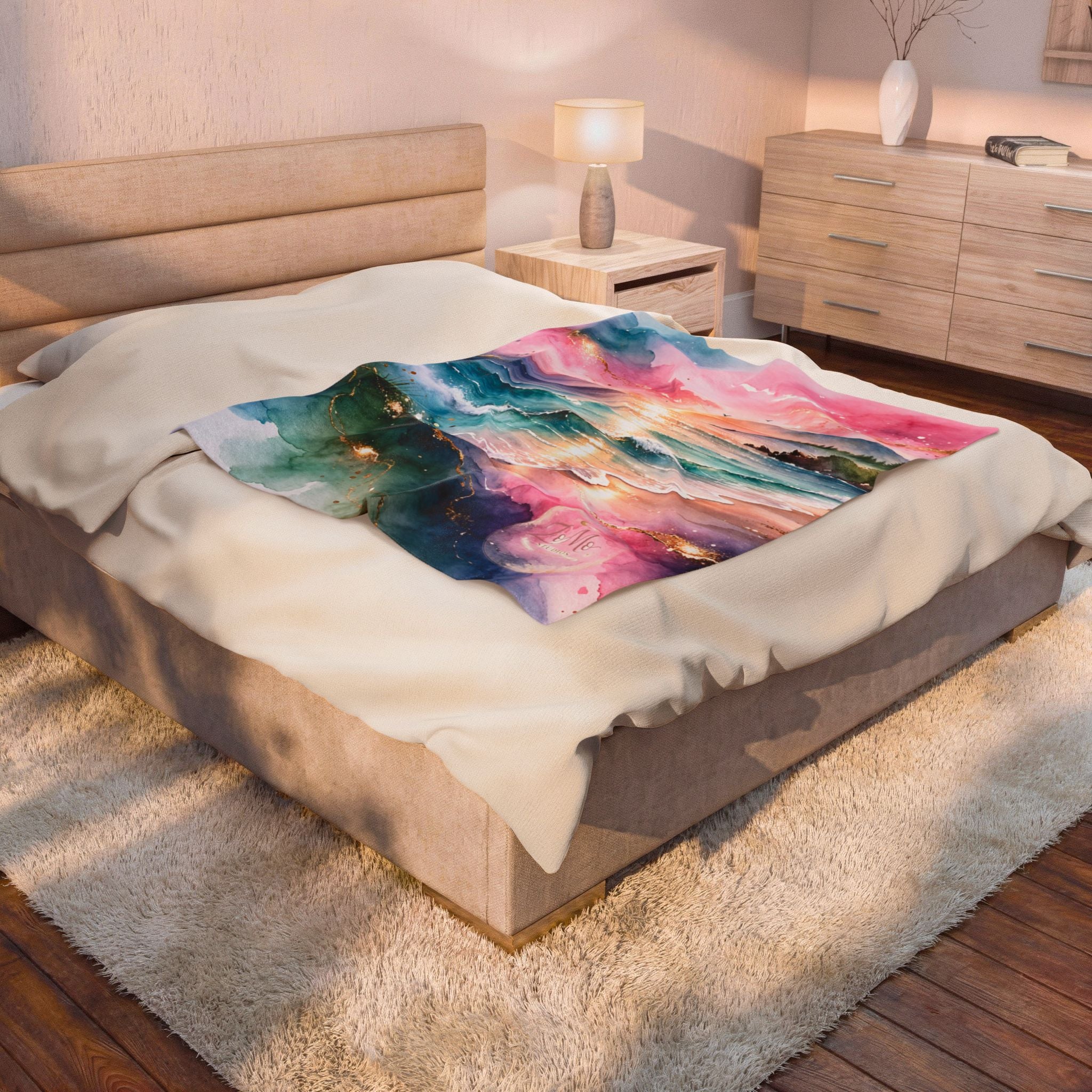 Ocean Sunrise Velveteen Plush Blanket — Watercolor Beach Sunset Throw