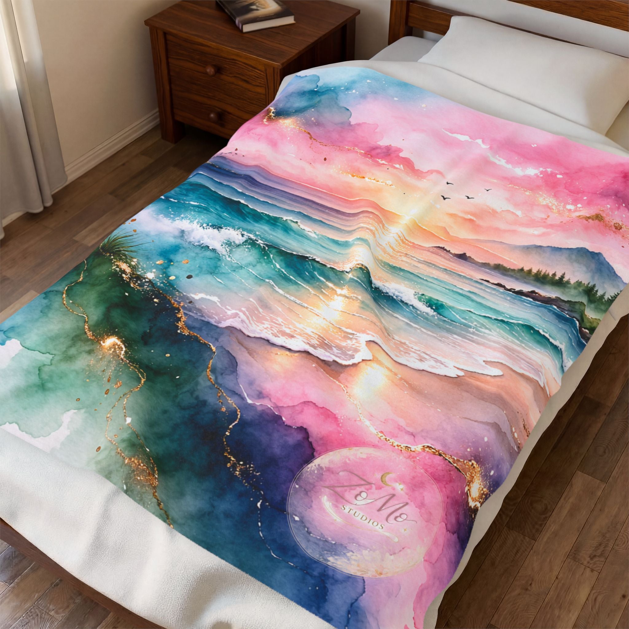 Ocean Sunrise Velveteen Plush Blanket — Watercolor Beach Sunset Throw