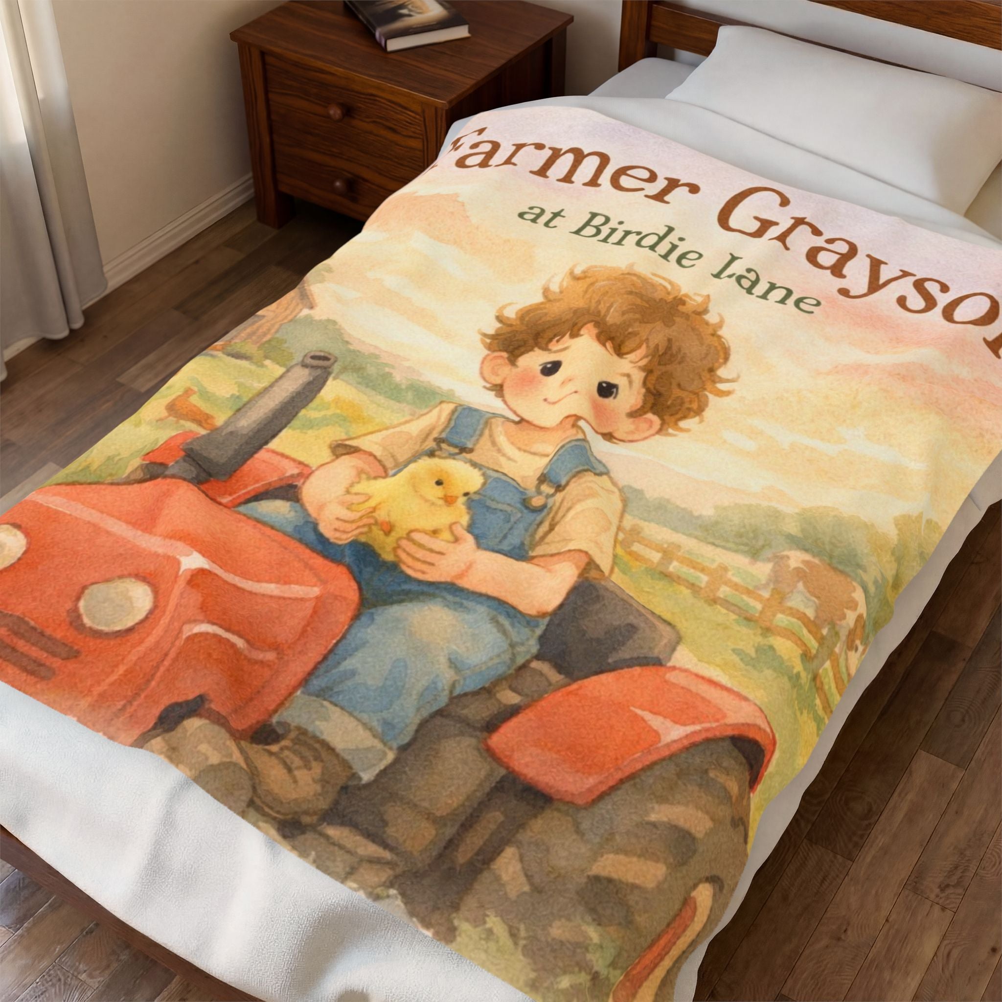 Farmer Gray at Birdie Lane Velveteen Plush Blanket — Cute Farmboy Tractor Nursery Throw