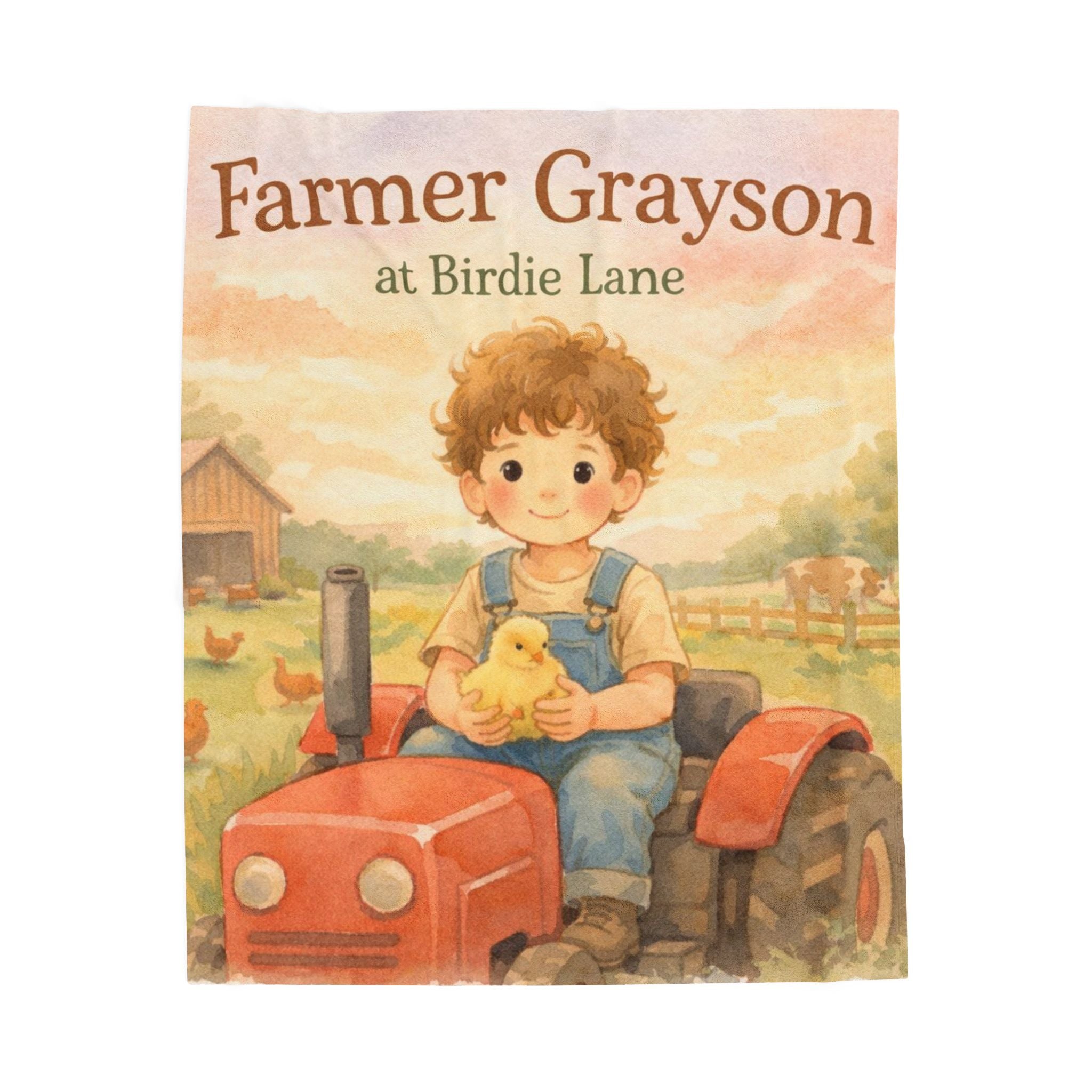 Farmer Gray at Birdie Lane Velveteen Plush Blanket — Cute Farmboy Tractor Nursery Throw