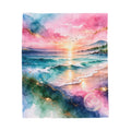 Ocean Sunrise Velveteen Plush Blanket — Watercolor Beach Sunset Throw