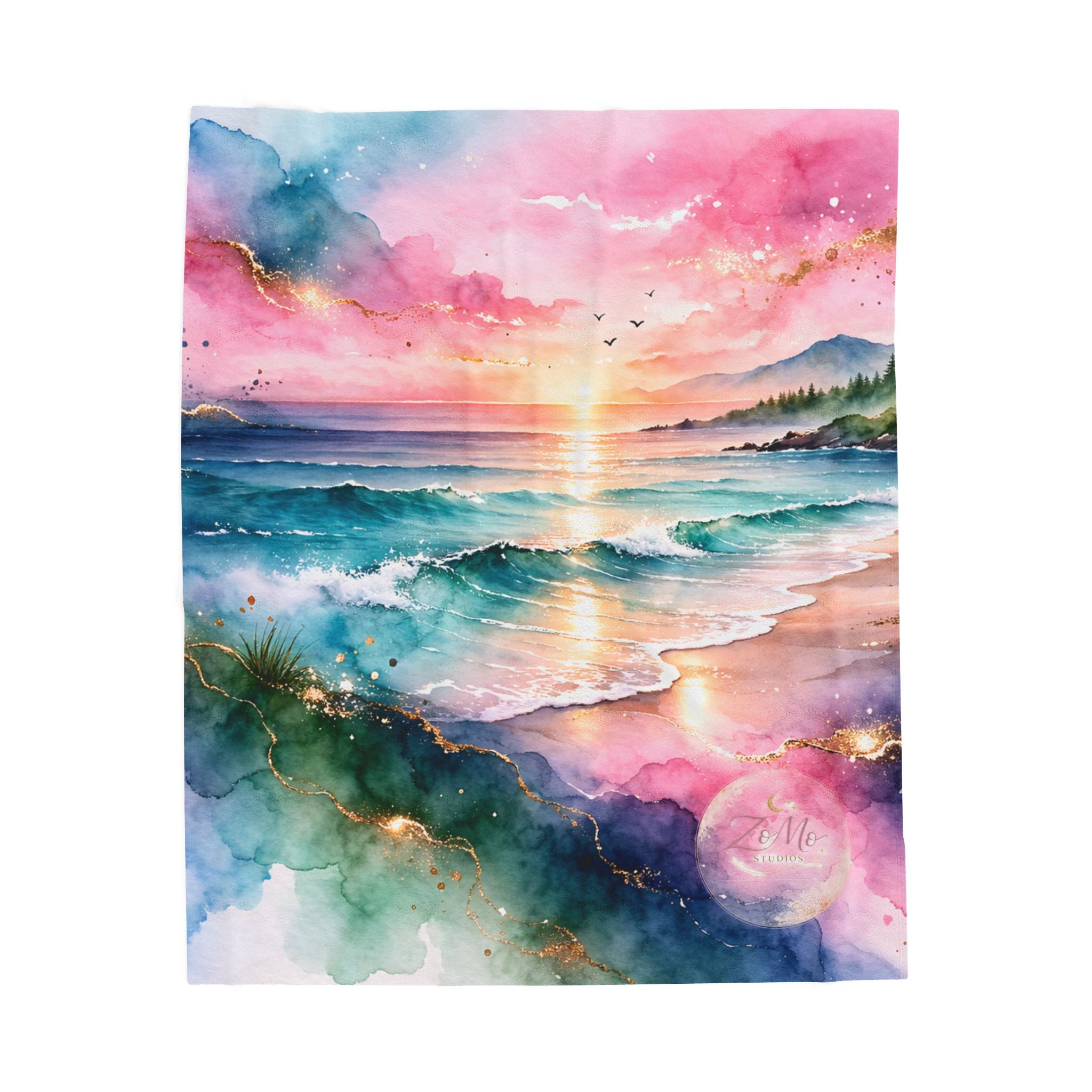 Ocean Sunrise Velveteen Plush Blanket — Watercolor Beach Sunset Throw