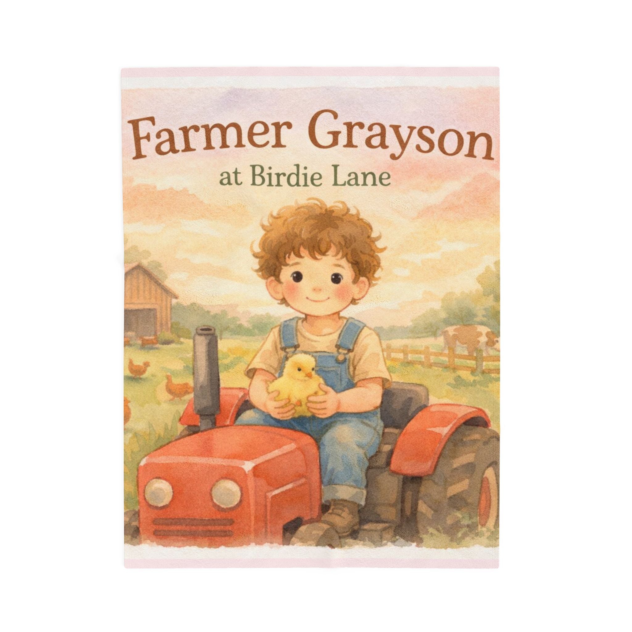 Farmer Gray at Birdie Lane Velveteen Plush Blanket — Cute Farmboy Tractor Nursery Throw