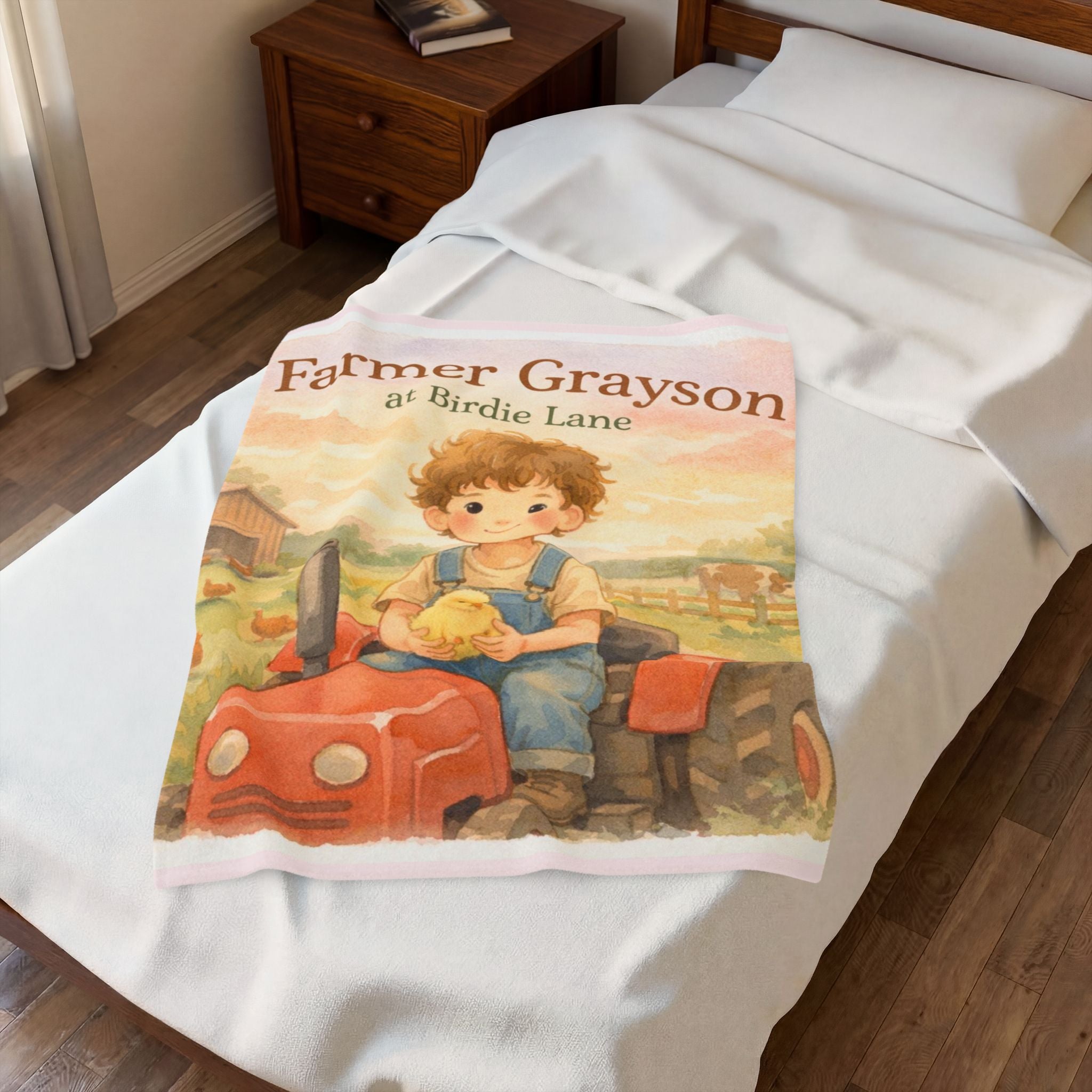 Farmer Gray at Birdie Lane Velveteen Plush Blanket — Cute Farmboy Tractor Nursery Throw